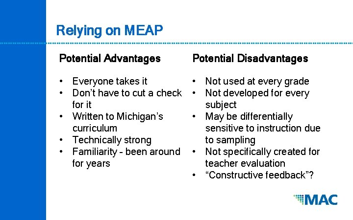 Relying on MEAP Potential Advantages Potential Disadvantages • Everyone takes it • Don’t have
