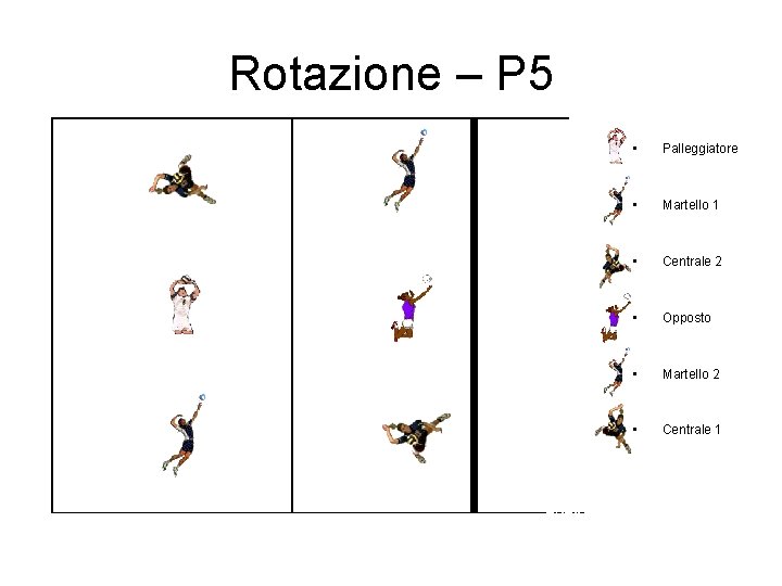 Rotazione – P 5 • Palleggiatore • Martello 1 • Centrale 2 • Opposto Rotazione – P 5 • Palleggiatore • Martello 1 • Centrale 2 • Opposto