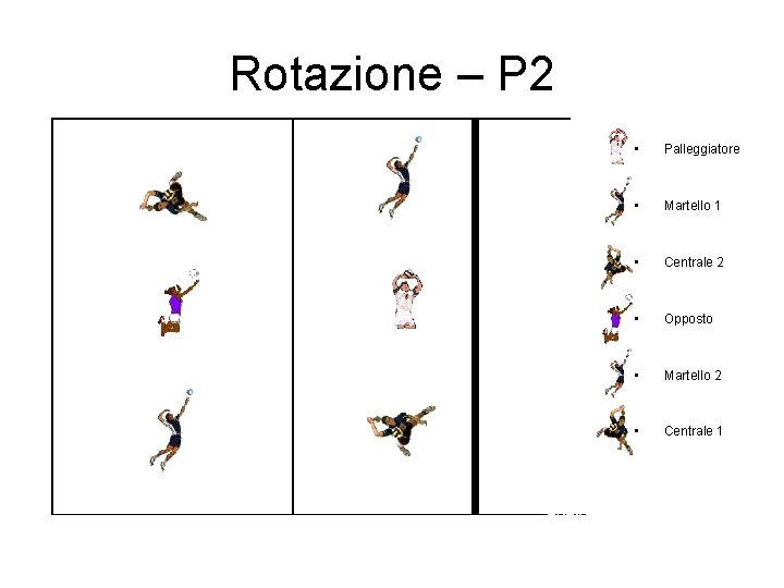 Rotazione – P 2 • Palleggiatore • Martello 1 • Centrale 2 • Opposto Rotazione – P 2 • Palleggiatore • Martello 1 • Centrale 2 • Opposto