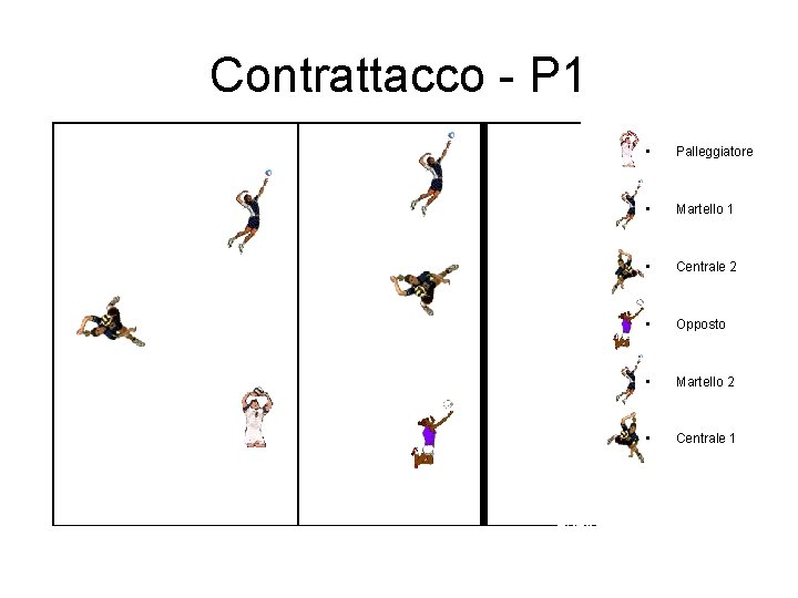 Contrattacco - P 1 • Palleggiatore • Martello 1 • Centrale 2 • Opposto Contrattacco - P 1 • Palleggiatore • Martello 1 • Centrale 2 • Opposto