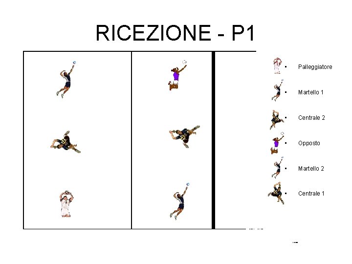 RICEZIONE - P 1 • Palleggiatore • Martello 1 • Centrale 2 • Opposto RICEZIONE - P 1 • Palleggiatore • Martello 1 • Centrale 2 • Opposto