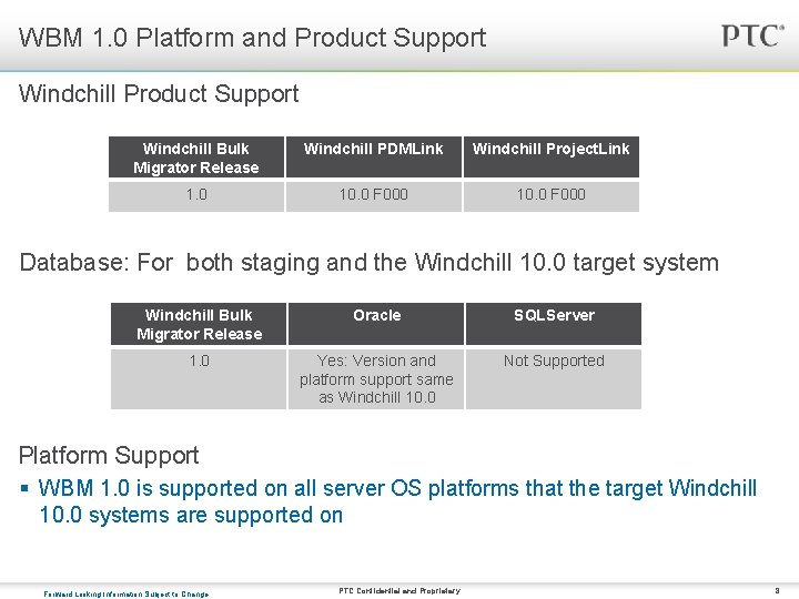 WBM 1. 0 Platform and Product Support Windchill Bulk Migrator Release Windchill PDMLink Windchill