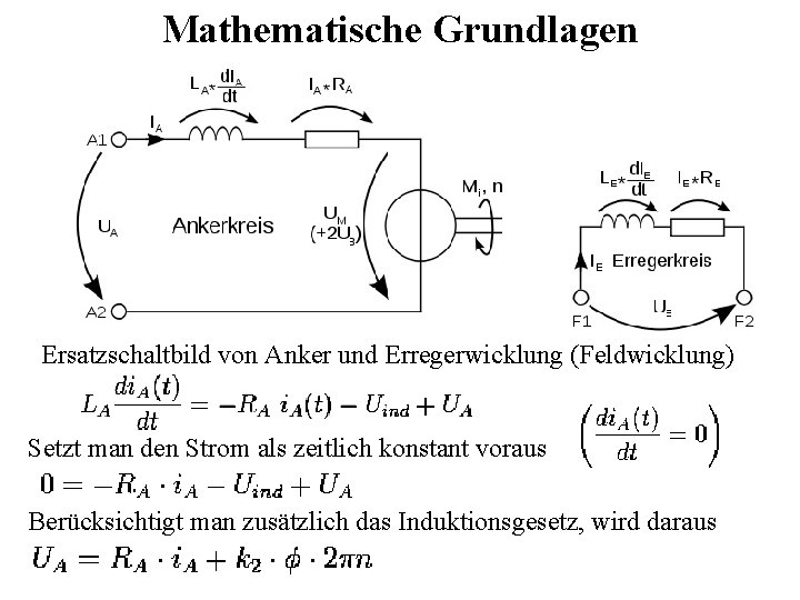 Mathematische Grundlagen Ersatzschaltbild von Anker und Erregerwicklung (Feldwicklung) Setzt man den Strom als zeitlich