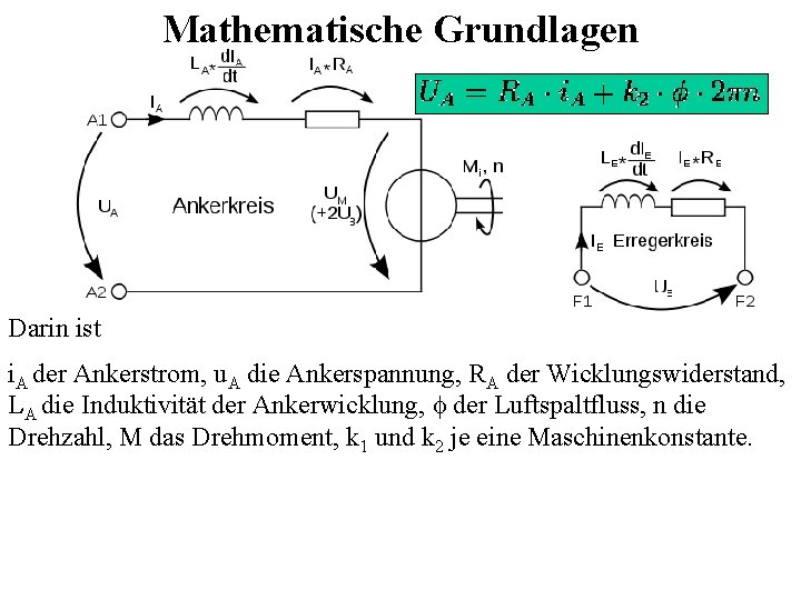 Mathematische Grundlagen Darin ist i. A der Ankerstrom, u. A die Ankerspannung, RA der