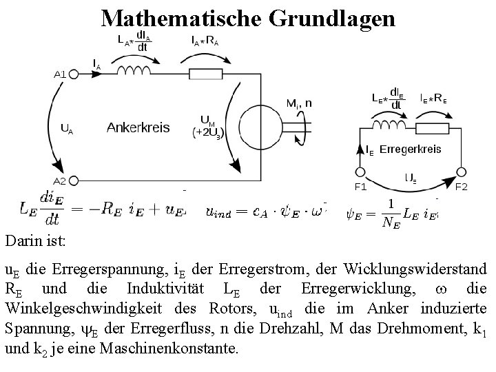 Mathematische Grundlagen Darin ist: u. E die Erregerspannung, i. E der Erregerstrom, der Wicklungswiderstand