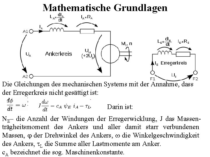 Mathematische Grundlagen Die Gleichungen des mechanischen Systems mit der Annahme, dass der Erregerkreis nicht