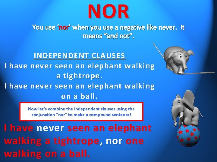NOR You use ‘nor’ when you use a negative like never. It means “and