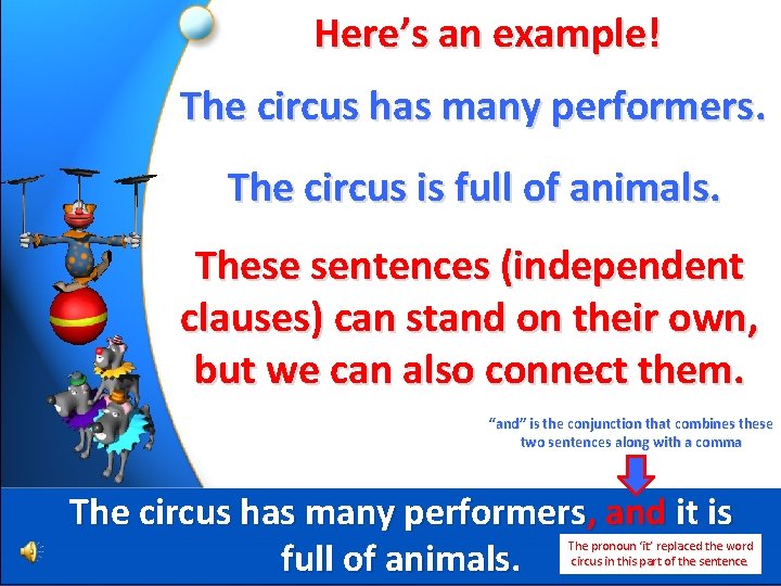 Here’s an example! The circus has many performers. The circus is full of animals.