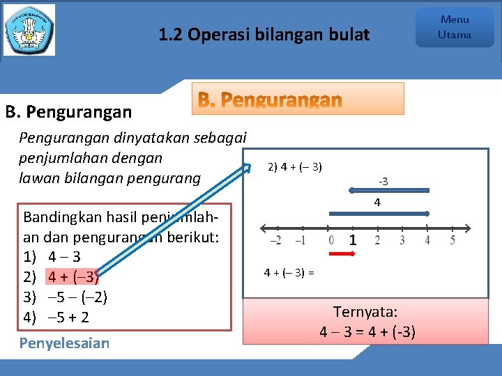 Menu Utama 1. 2 Operasi bilangan bulat B. Pengurangan dinyatakan sebagai penjumlahan dengan lawan