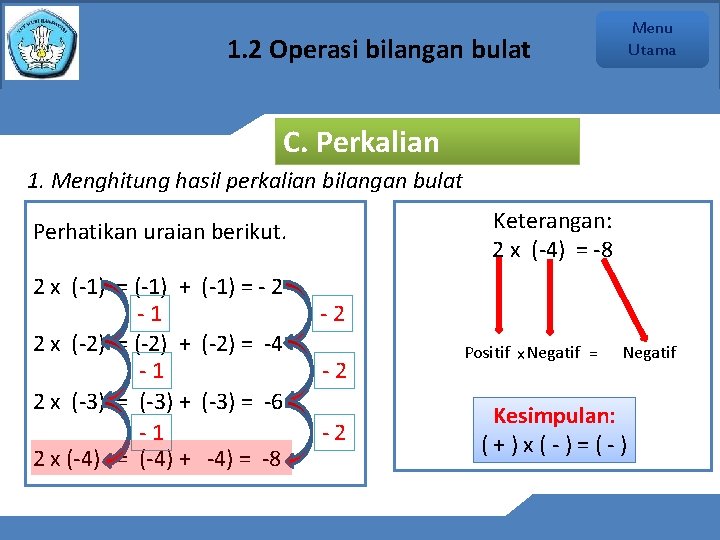 Menu Utama 1. 2 Operasi bilangan bulat C. Perkalian 1. Menghitung hasil perkalian bilangan