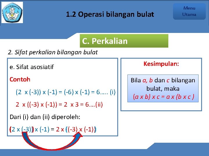 1. 2 Operasi bilangan bulat Menu Utama C. Perkalian 2. Sifat perkalian bilangan bulat