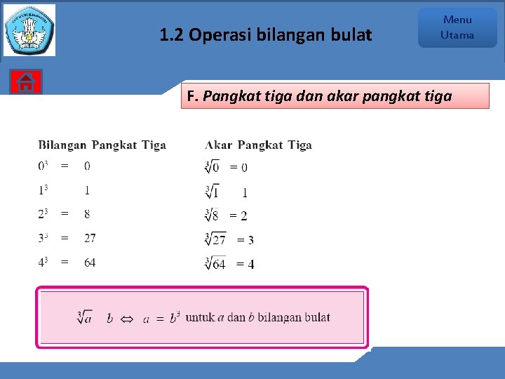 1. 2 Operasi bilangan bulat Menu Utama F. Pangkat tiga dan akar pangkat tiga