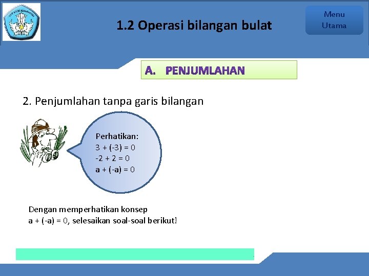 1. 2 Operasi bilangan bulat 2. Penjumlahan tanpa garis bilangan Perhatikan: 3 + (-3)