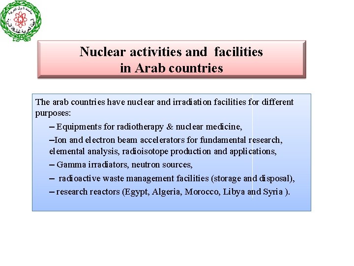 Nuclear activities and facilities in Arab countries The arab countries have nuclear and irradiation