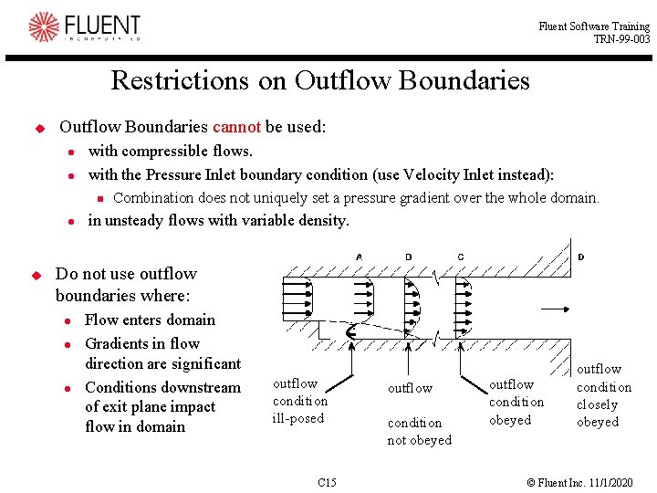Fluent Software Training TRN-99 -003 Restrictions on Outflow Boundaries u Outflow Boundaries cannot be