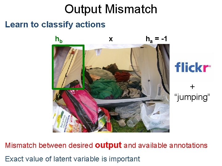 Output Mismatch Learn to classify actions hb x ha = -1 + “jumping” Mismatch