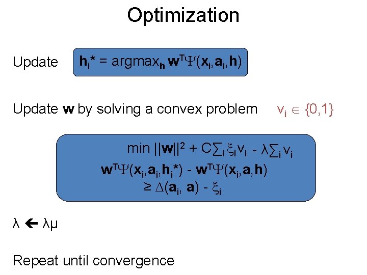 Optimization Update hi* = argmaxh w. T (xi, ai, h) Update w by solving