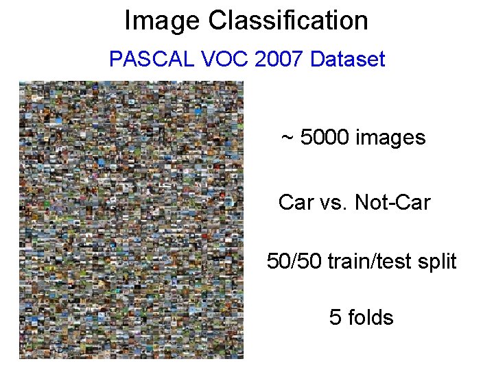 Image Classification PASCAL VOC 2007 Dataset ~ 5000 images Car vs. Not-Car 50/50 train/test