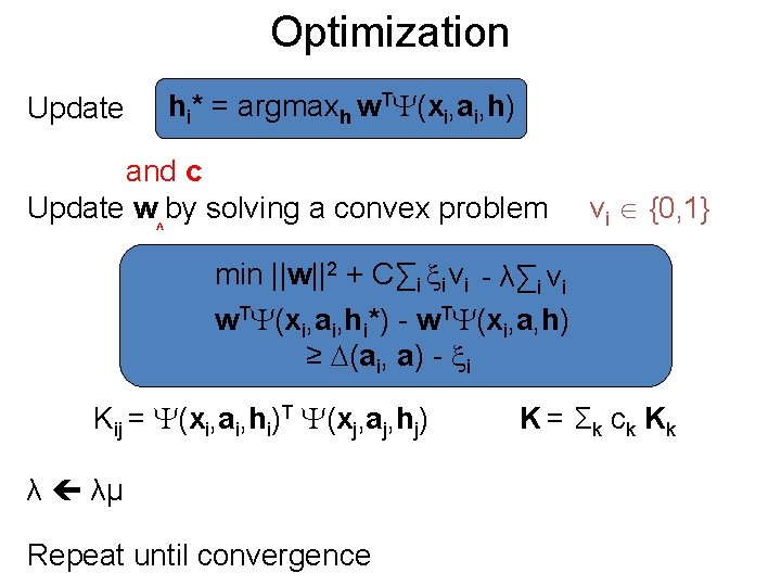 Optimization hi* = argmaxh w. T (xi, ai, h) Update and c Update w