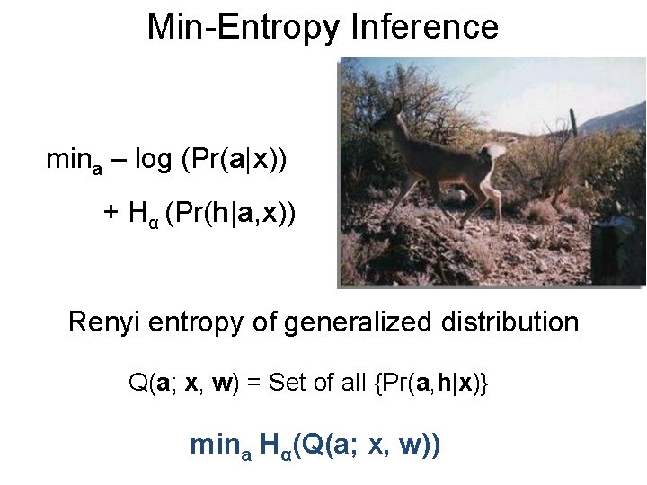 Min-Entropy Inference mina – log (Pr(a|x)) + Hα (Pr(h|a, x)) Renyi entropy of generalized