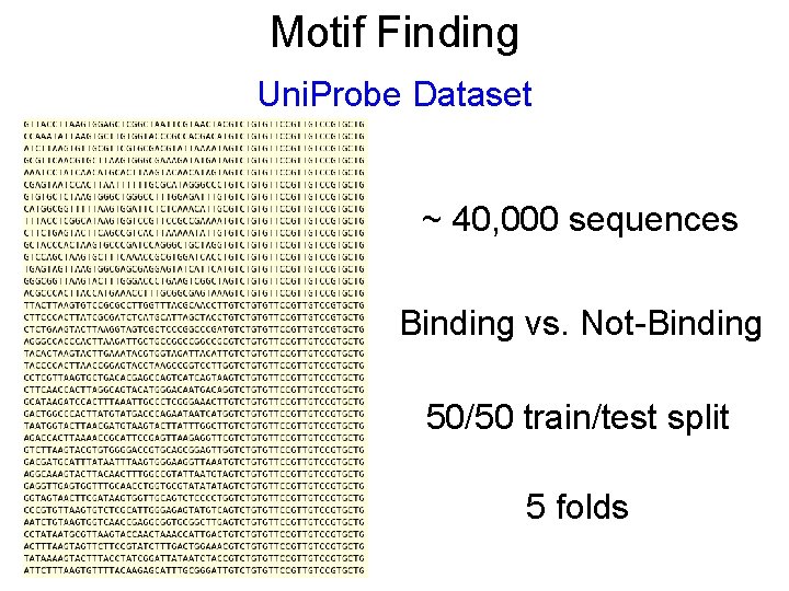 Motif Finding Uni. Probe Dataset ~ 40, 000 sequences Binding vs. Not-Binding 50/50 train/test