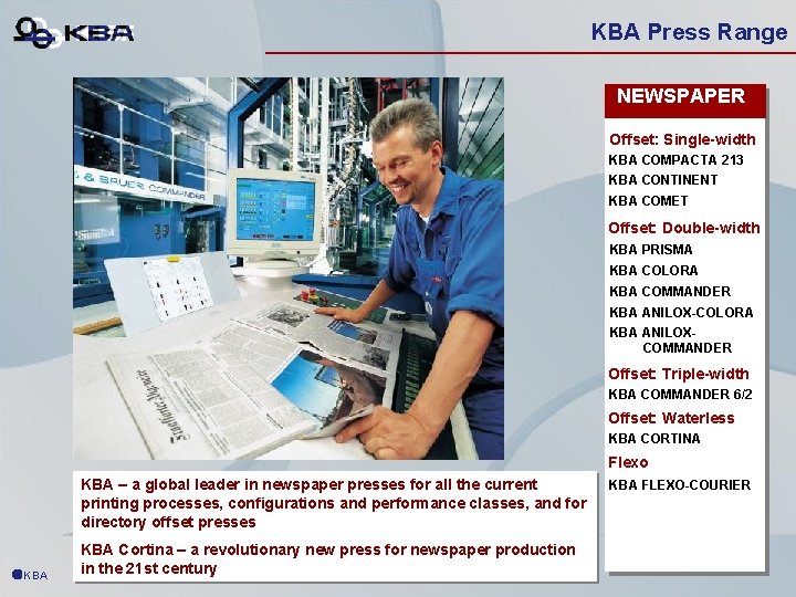 KBA Press Range NEWSPAPER Offset: Single-width KBA COMPACTA 213 KBA CONTINENT KBA COMET Offset: