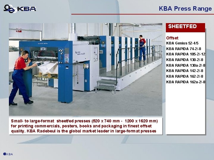 KBA Press Range SHEETFED Offset KBA Genius 52 -4/5 KBA RAPIDA 74 -2/-8 KBA