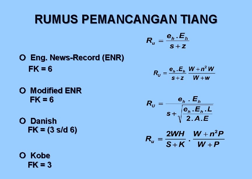 RUMUS PEMANCANGAN TIANG Eng. News-Record (ENR) FK = 6 Modified ENR FK = 6 RUMUS PEMANCANGAN TIANG Eng. News-Record (ENR) FK = 6 Modified ENR FK = 6