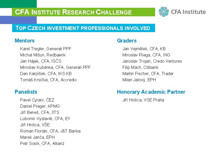 CFA INSTITUTE RESEARCH CHALLENGE TOP CZECH INVESTMENT PROFESSIONALS INVOLVED Mentors Graders Karel Tregler, Generali