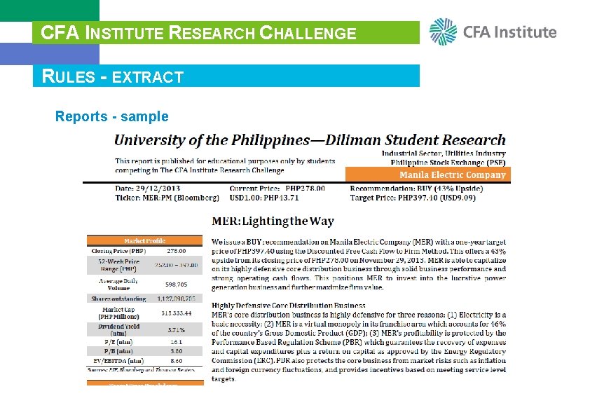 CFA INSTITUTE RESEARCH CHALLENGE RULES - EXTRACT Reports - sample 