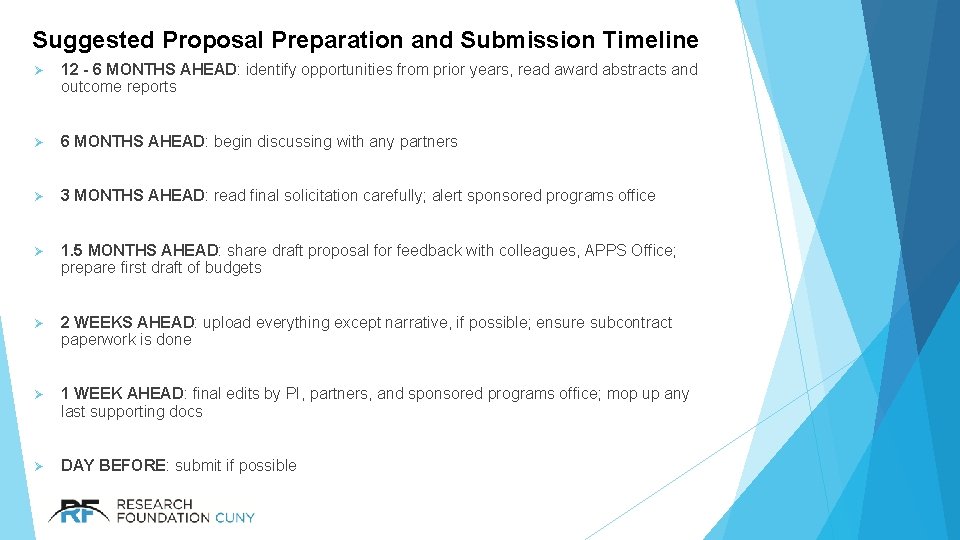 Suggested Proposal Preparation and Submission Timeline Ø 12 - 6 MONTHS AHEAD: identify opportunities