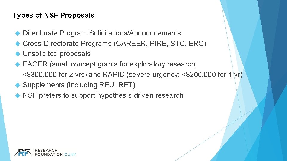Types of NSF Proposals Directorate Program Solicitations/Announcements Cross-Directorate Programs (CAREER, PIRE, STC, ERC) Unsolicited