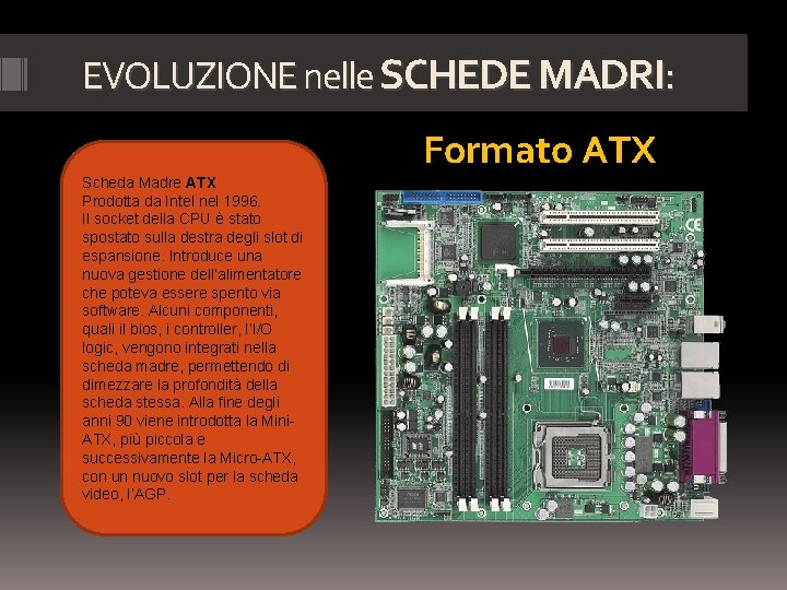 EVOLUZIONE nelle SCHEDE MADRI: Formato ATX Scheda Madre ATX Prodotta da Intel nel 1996.