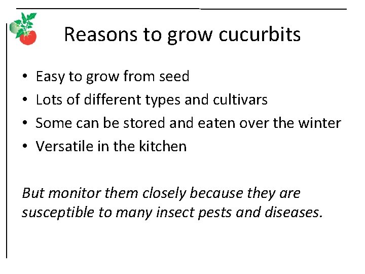 Reasons to grow cucurbits • • Easy to grow from seed Lots of different