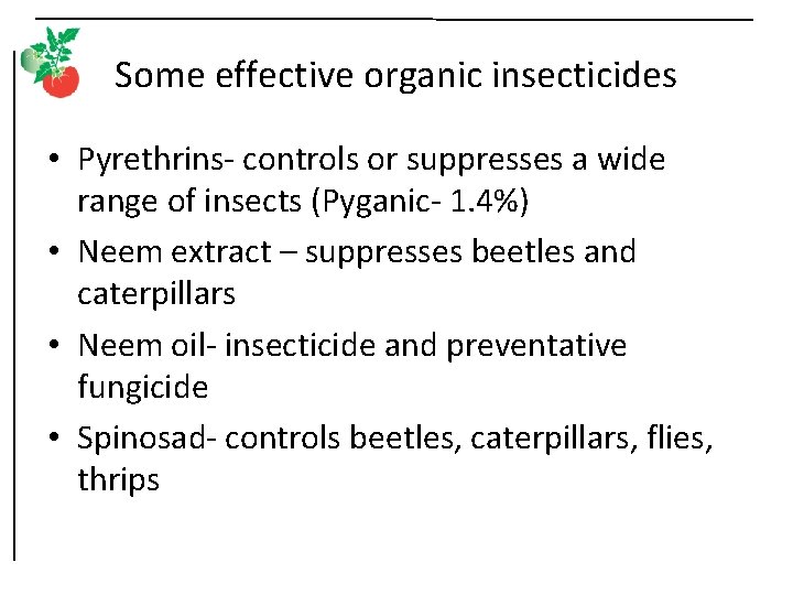 Some effective organic insecticides • Pyrethrins- controls or suppresses a wide range of insects