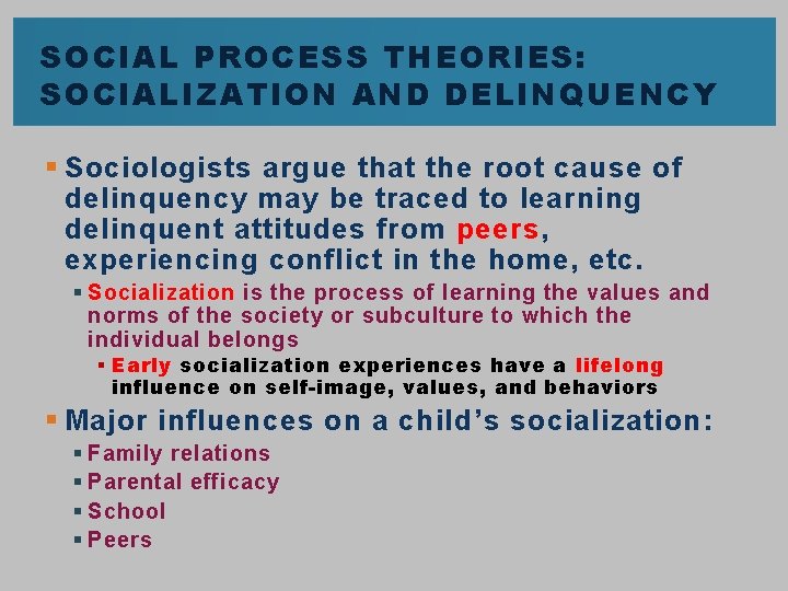 SOCIAL PROCESS THEORIES: SOCIALIZATION AND DELINQUENCY § Sociologists argue that the root cause of