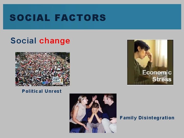 SOCIAL FACTORS Social change Political Unrest Family Disintegration 