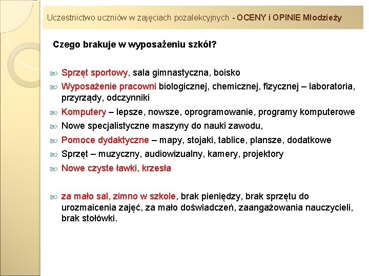 Uczestnictwo uczniów w zajęciach pozalekcyjnych - OCENY i OPINIE Młodzieży Czego brakuje w wyposażeniu