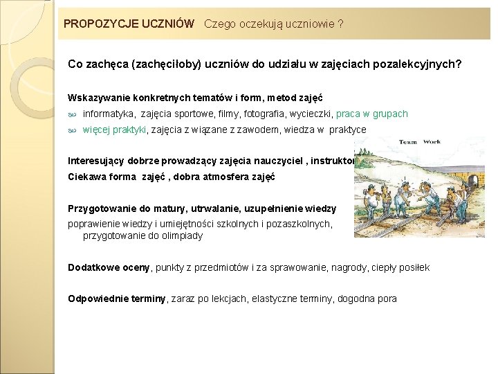PROPOZYCJE UCZNIÓW Czego oczekują uczniowie ? Co zachęca (zachęciłoby) uczniów do udziału w zajęciach