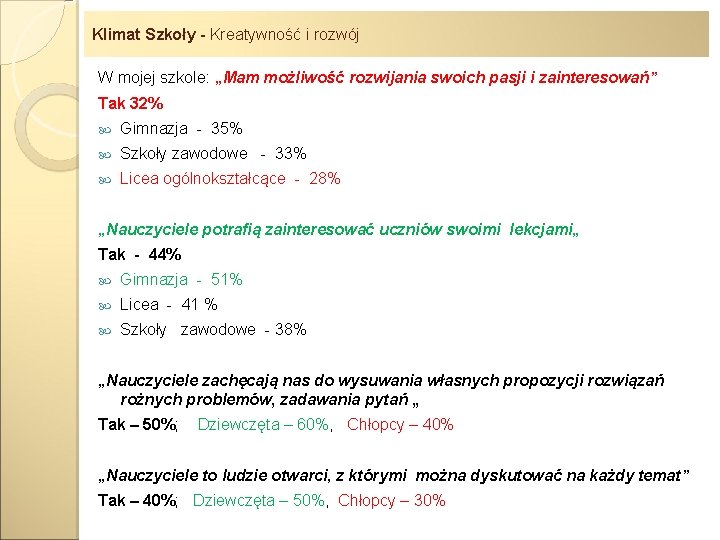 Klimat Szkoły - Kreatywność i rozwój Klimat Szkoły - W mojej szkole: „Mam możliwość