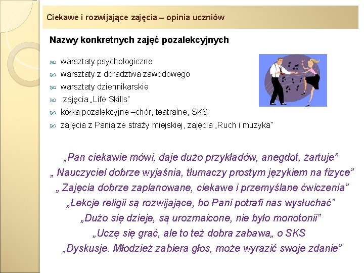 Ciekawe i rozwijające zajęcia – opinia uczniów Nazwy konkretnych zajęć pozalekcyjnych warsztaty psychologiczne warsztaty