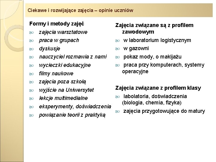 Ciekawe i rozwijające zajęcia – opinie uczniów Formy i metody zajęć zajęcia warsztatowe Zajęcia