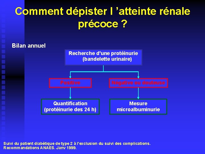 Comment dépister l ’atteinte rénale précoce ? Bilan annuel Recherche d'une protéinurie (bandelette urinaire)