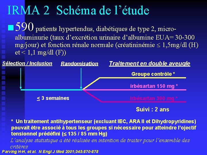 IRMA 2 Schéma de l’étude n 590 patients hypertendus, diabétiques de type 2, micro-
