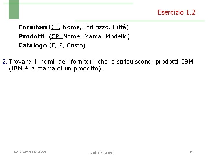 Esercizio 1. 2 Fornitori (CF, Nome, Indirizzo, Città) Prodotti (CP, Nome, Marca, Modello) Catalogo
