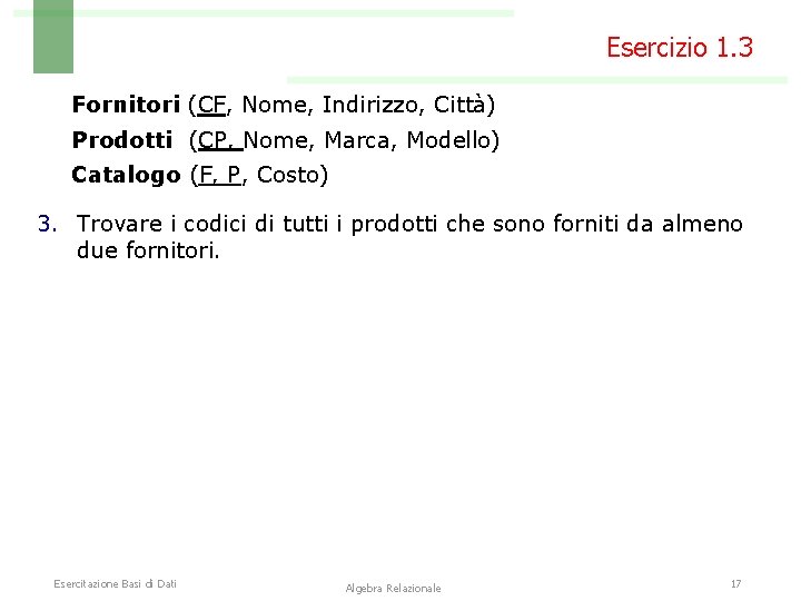 Esercizio 1. 3 Fornitori (CF, Nome, Indirizzo, Città) Prodotti (CP, Nome, Marca, Modello) Catalogo