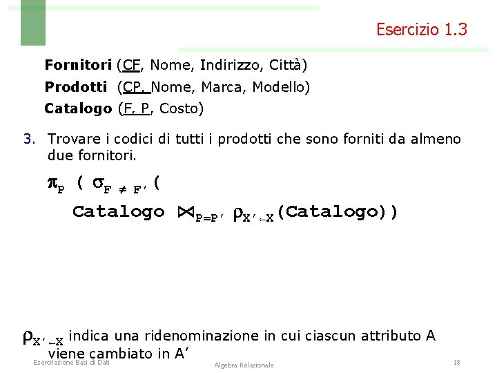 Esercizio 1. 3 Fornitori (CF, Nome, Indirizzo, Città) Prodotti (CP, Nome, Marca, Modello) Catalogo