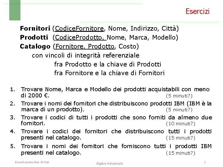 Esercizi Fornitori (Codice. Fornitore, Nome, Indirizzo, Città) Prodotti (Codice. Prodotto, Nome, Marca, Modello) Catalogo