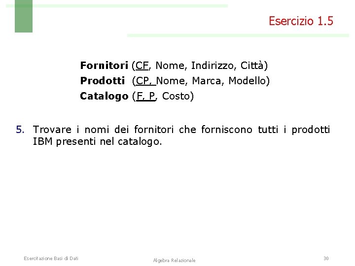 Esercizio 1. 5 Fornitori (CF, Nome, Indirizzo, Città) Prodotti (CP, Nome, Marca, Modello) Catalogo