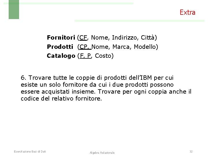 Extra Fornitori (CF, Nome, Indirizzo, Città) Prodotti (CP, Nome, Marca, Modello) Catalogo (F, P,